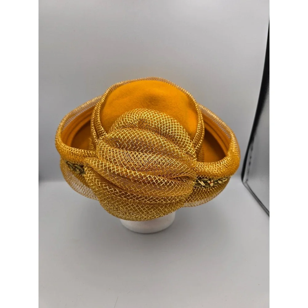 Vintage‎ Pillbox Hat Women OS Mustard Yellow Excellent Gold Mesh Sequin ,Wool